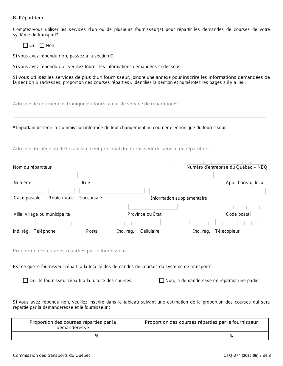 Forme CTQ-374 Autorisation Dexploiter Un Systeme De Transport - Quebec, Canada (French), Page 3