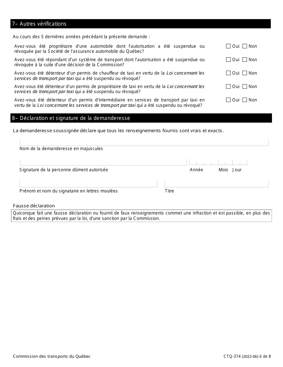 Forme CTQ-374 Autorisation Dexploiter Un Systeme De Transport - Quebec, Canada (French), Page 6