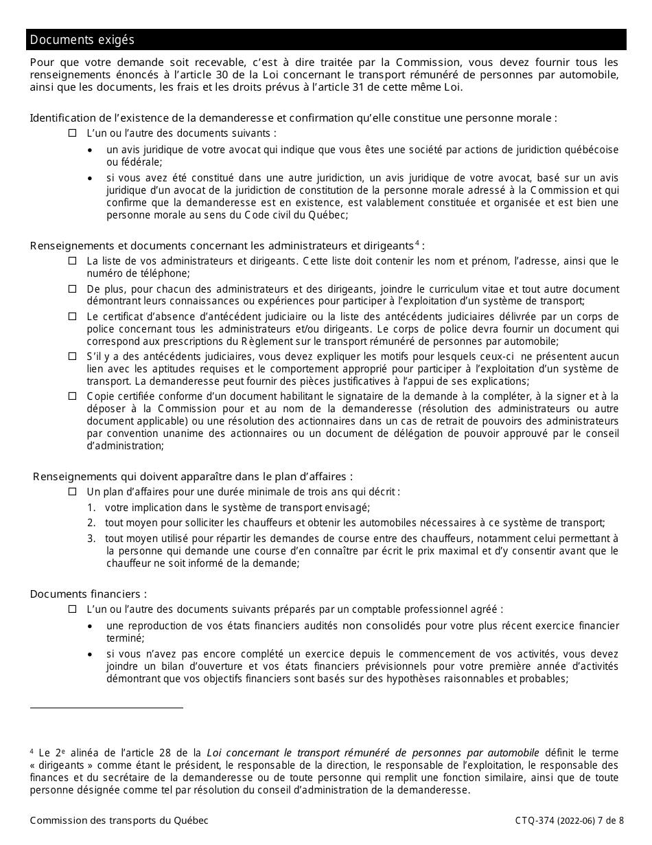 Forme CTQ-374 Autorisation Dexploiter Un Systeme De Transport - Quebec, Canada (French), Page 7