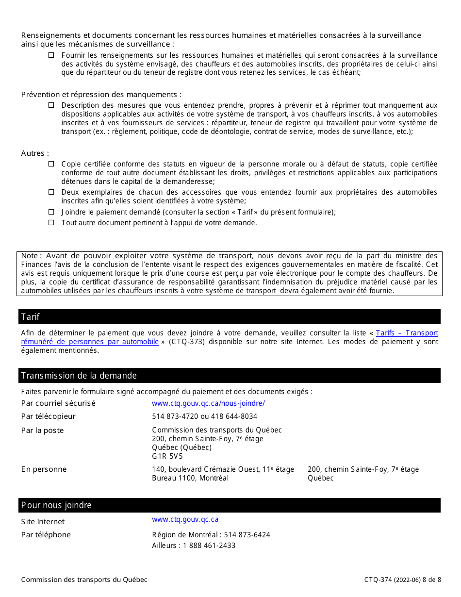 Forme CTQ-374 Autorisation Dexploiter Un Systeme De Transport - Quebec, Canada (French), Page 8