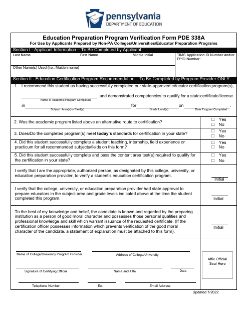 Form PDE338A Education Preparation Program Verification Form - Pennsylvania