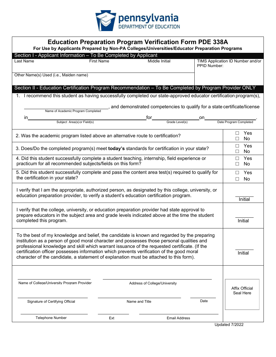 Form PDE338A Education Preparation Program Verification Form - Pennsylvania, Page 1