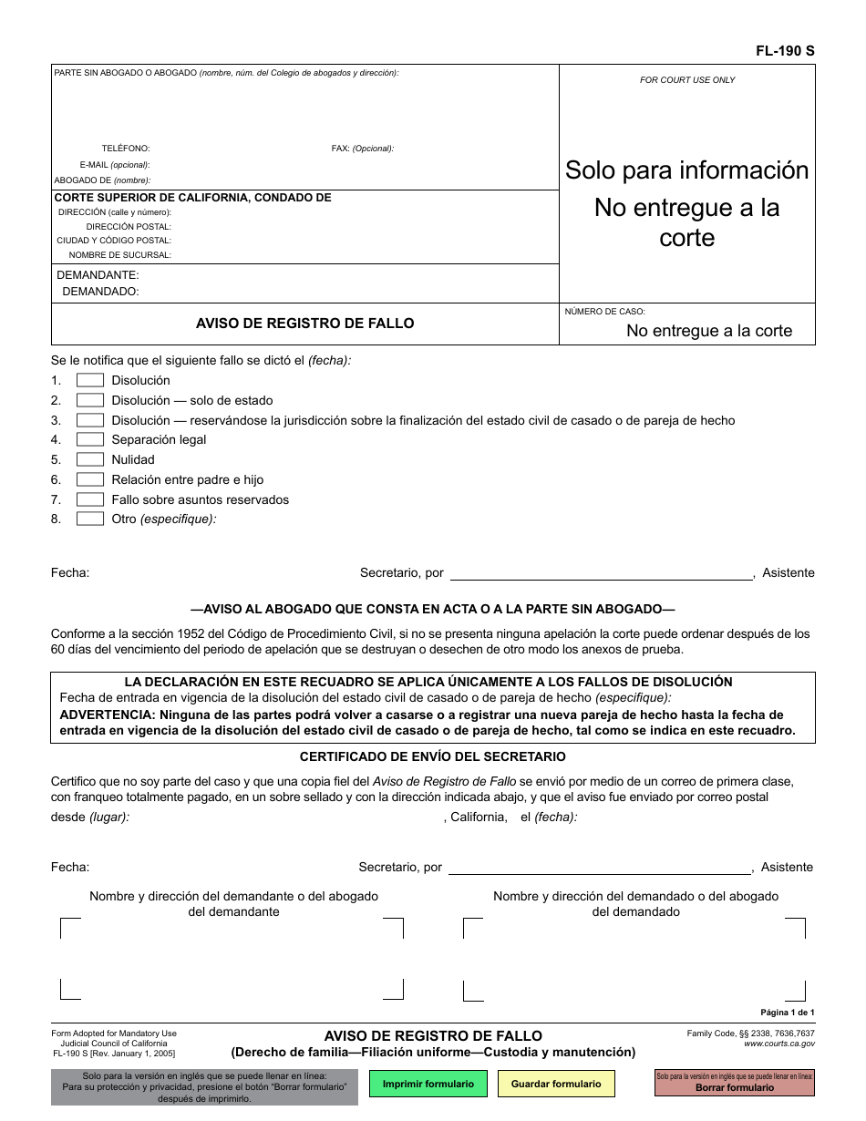 Formulario FL-190 Aviso De Registro De Fallo (Derecho De Familia - Filiacion Uniforme - Custodia Y Manutencion) - California (Spanish), Page 1
