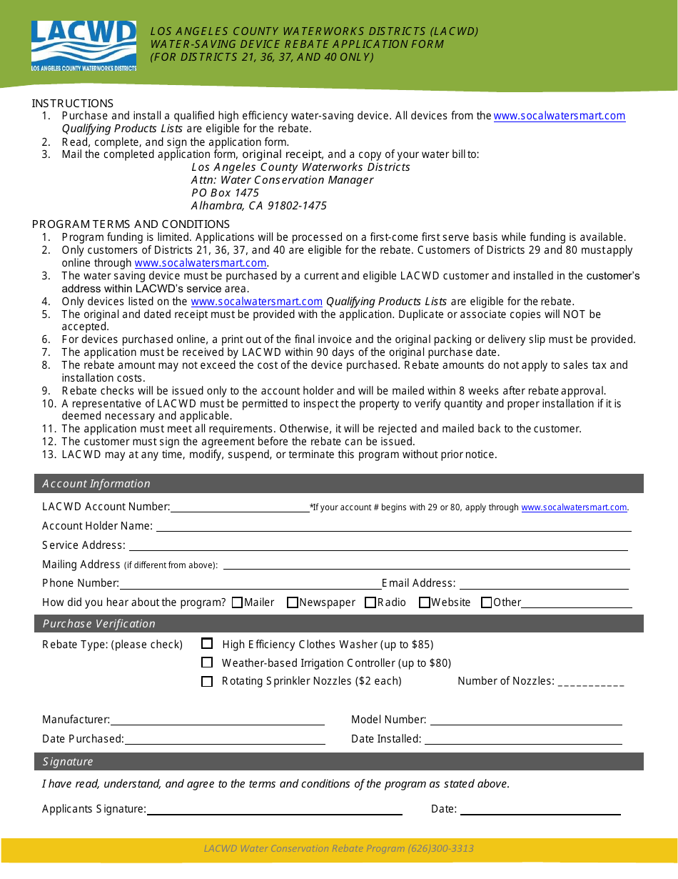 Water-Saving Device Rebate Application Form - High Efficiency Clothes Washers, Rotary Sprinkler Nozzles, and Weather-Based Irrigation Controllers - Los Angeles County, California, Page 1