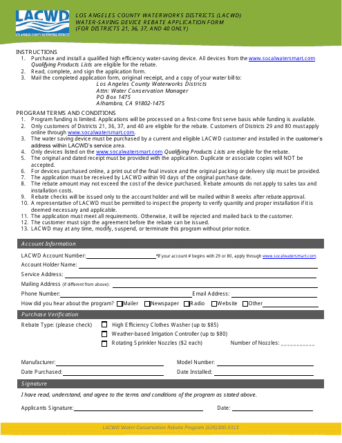 Water-Saving Device Rebate Application Form - High Efficiency Clothes Washers, Rotary Sprinkler Nozzles, and Weather-Based Irrigation Controllers - Los Angeles County, California Download Pdf