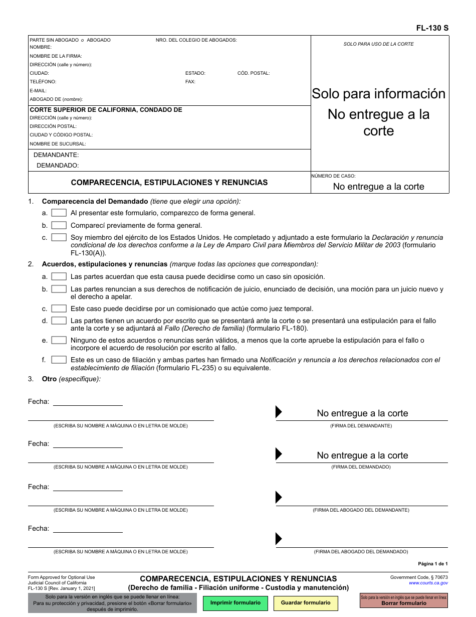 Formulario FL-130 Comparecencia, Estipulaciones Y Renuncias (Derecho De Familia - Filiacion Uniforme - Custodia Y Manutencion) - California (Spanish), Page 1