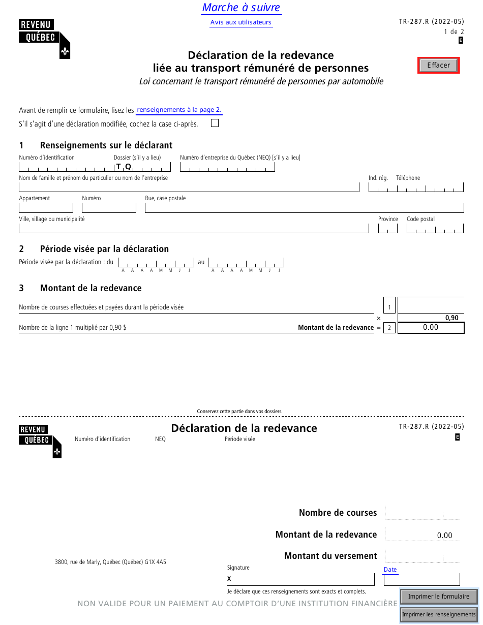 Forme TR-287.R Declaration De La Redevance Liee Au Transport Remunere De Personnes - Quebec, Canada (French), Page 1