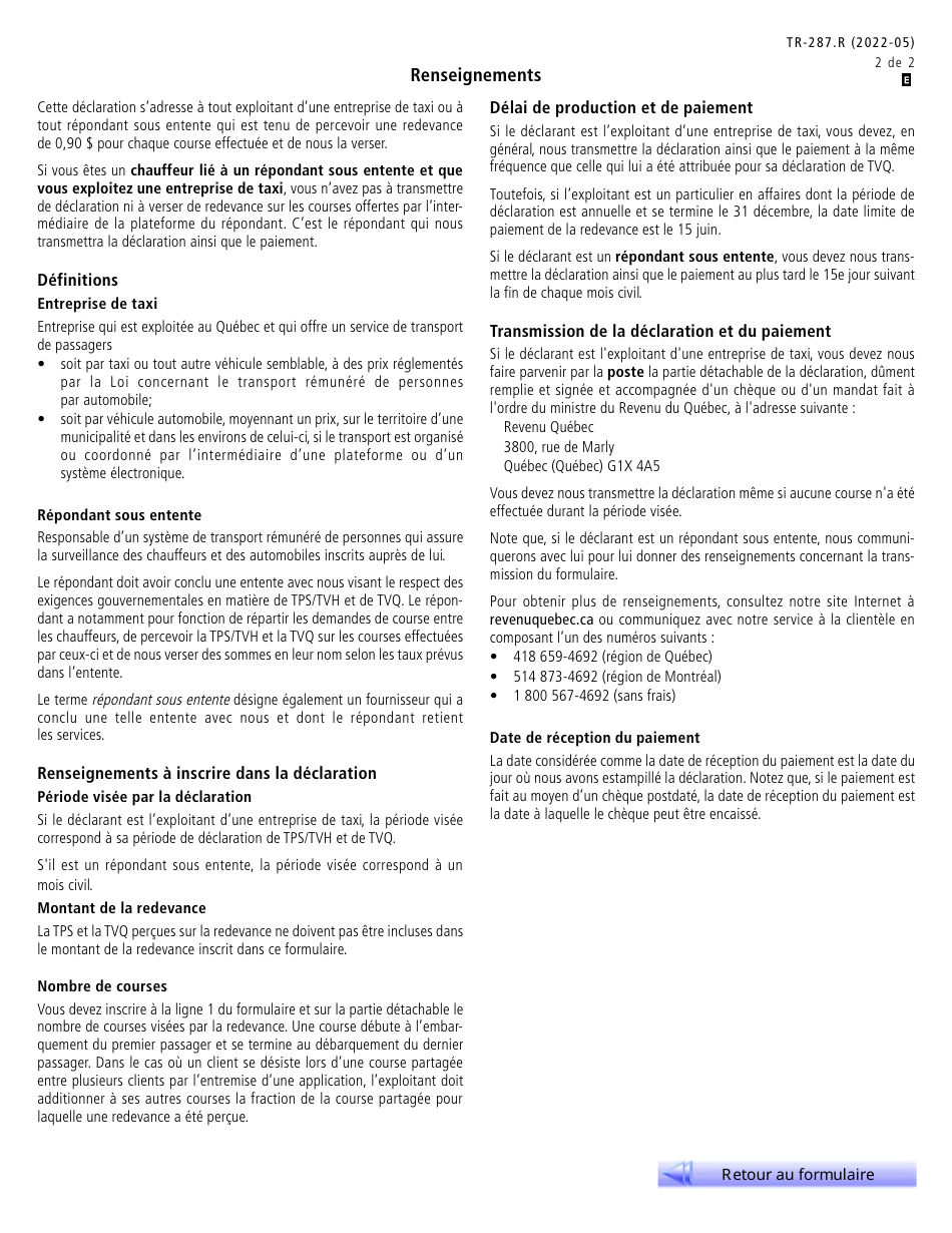 Forme TR-287.R Declaration De La Redevance Liee Au Transport Remunere De Personnes - Quebec, Canada (French), Page 2