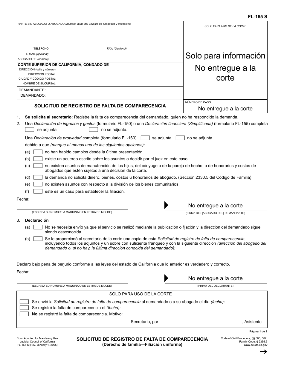 Formulario FL-165 Solicitud De Registro De Falta De Comparecencia (Derecho De Familia - Filiacion Uniforme) - California (Spanish), Page 1