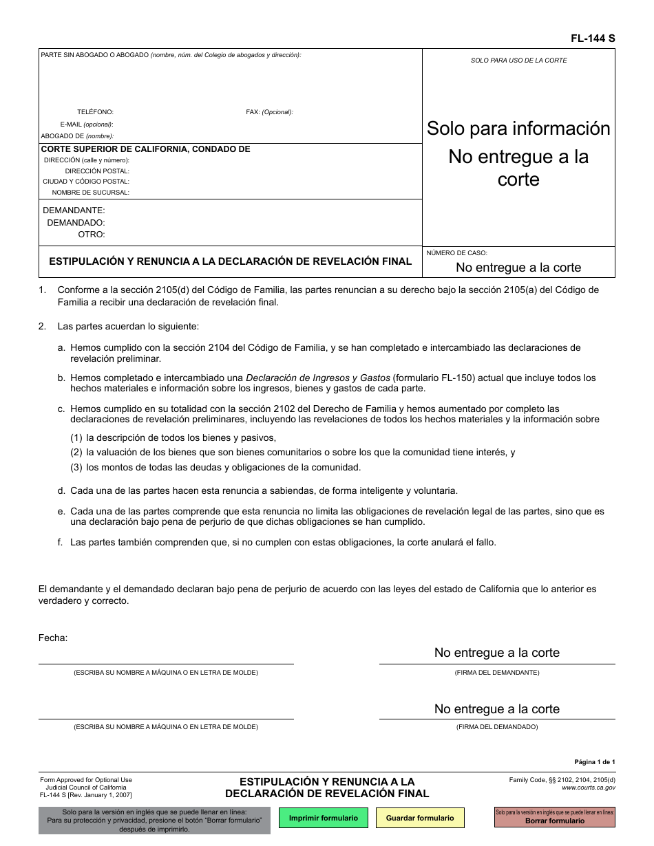 Formulario FL-144 Estipulacion Y Renuncia a La Declaracion De Revelacion Final - California (Spanish), Page 1