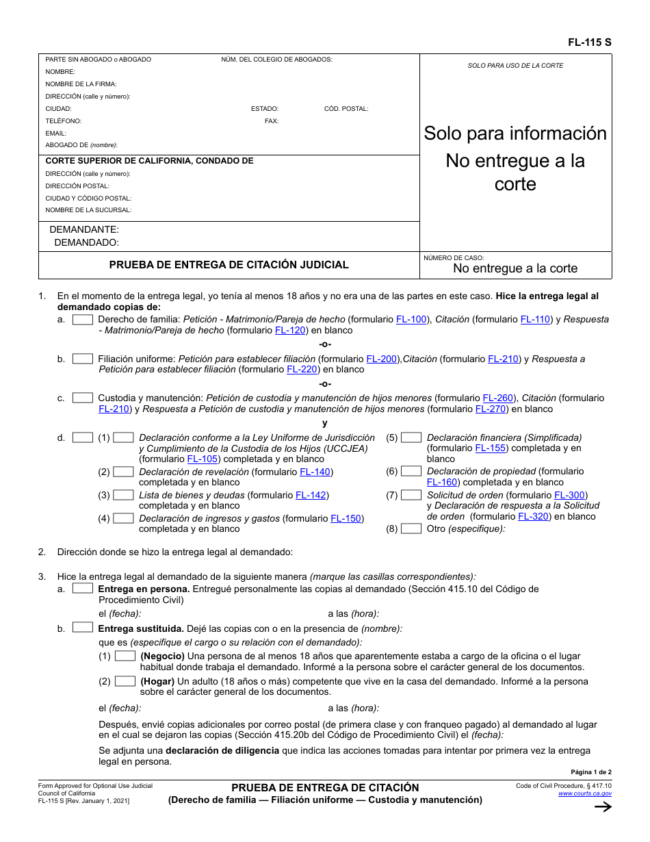 Formulario FL-115 Prueba De Entrega De Citacion Judicial (Derecho De Familia - Filiacion Uniforme - Custodia Y Manutencion) - California (Spanish), Page 1
