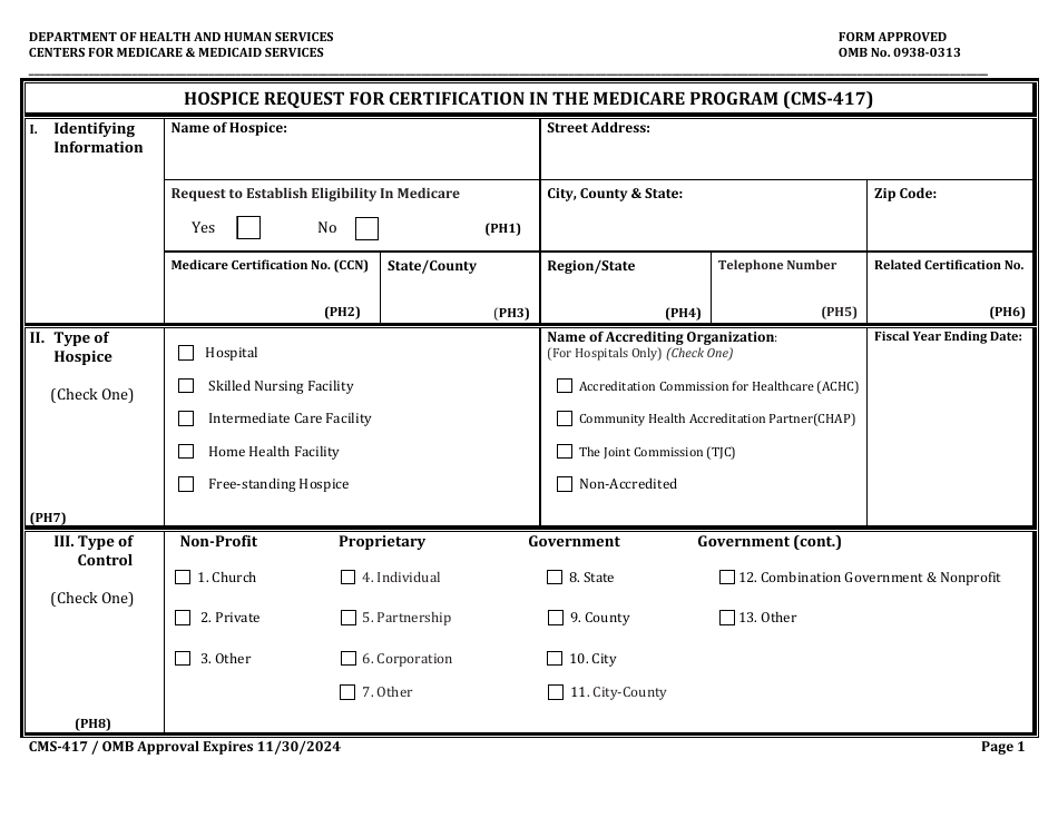 Form CMS-417 Hospice Request for Certification in the Medicare Program, Page 1