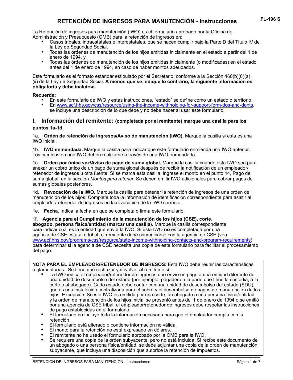 Instrucciones para Formulario FL-195 Retencion De Ingresos Para Manutencion - California (Spanish), Page 1