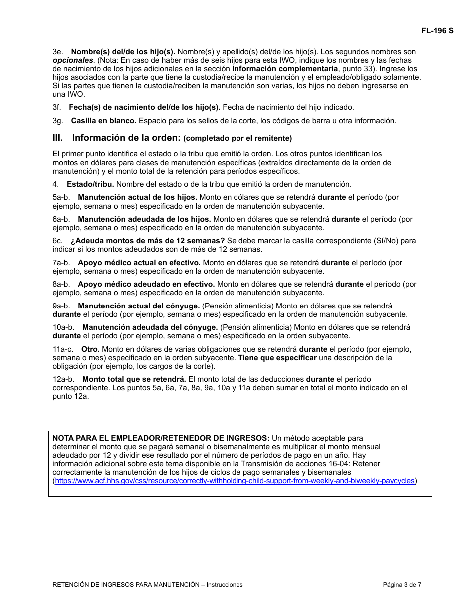 Instrucciones para Formulario FL-195 Retencion De Ingresos Para Manutencion - California (Spanish), Page 3