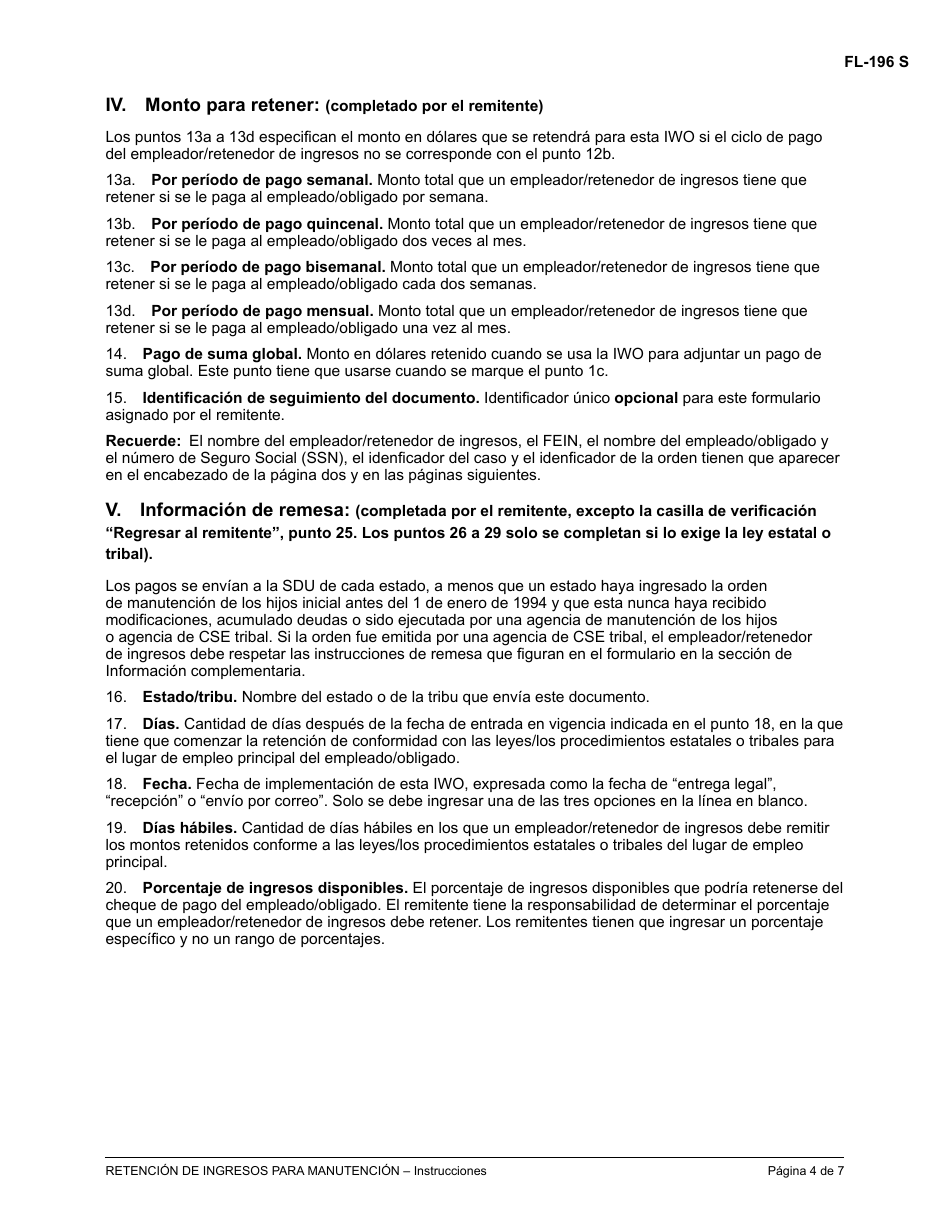 Instrucciones para Formulario FL-195 Retencion De Ingresos Para Manutencion - California (Spanish), Page 4