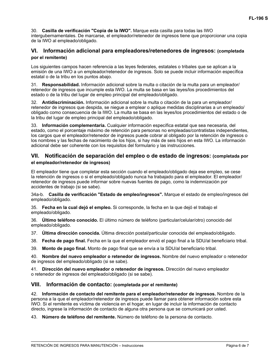 Instrucciones para Formulario FL-195 Retencion De Ingresos Para Manutencion - California (Spanish), Page 6