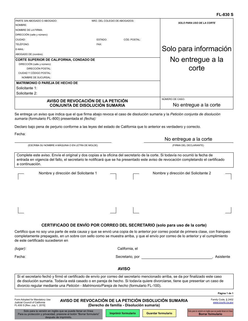 Formulario FL-830 Aviso De Revocacion De La Peticion Conjunta De Disolucion Sumaria - California (Spanish), Page 1