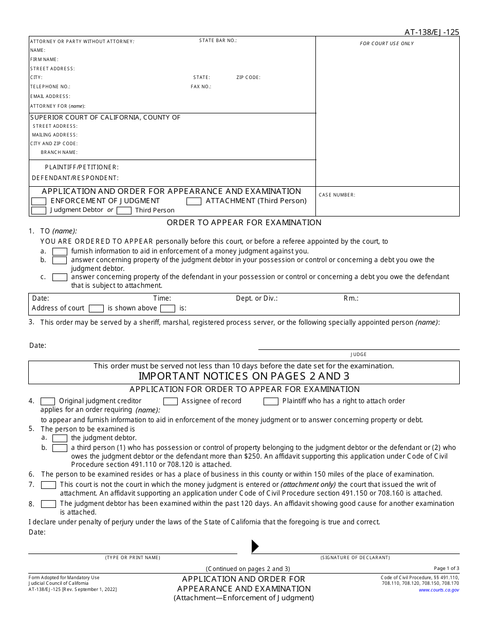 Form AT-138 (EJ-125) Application and Order for Appearance and Examination (Attachment - Enforcement of Judgment) - California, Page 1