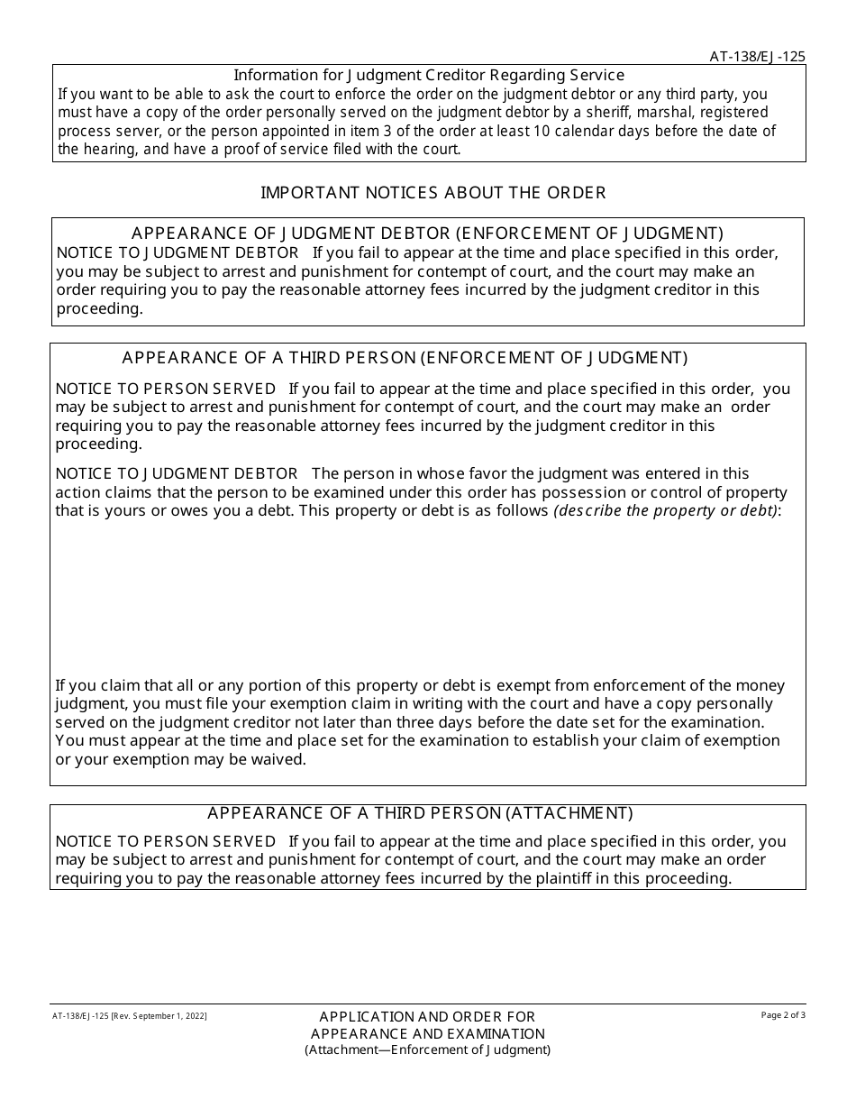 Form AT-138 (EJ-125) Application and Order for Appearance and Examination (Attachment - Enforcement of Judgment) - California, Page 2