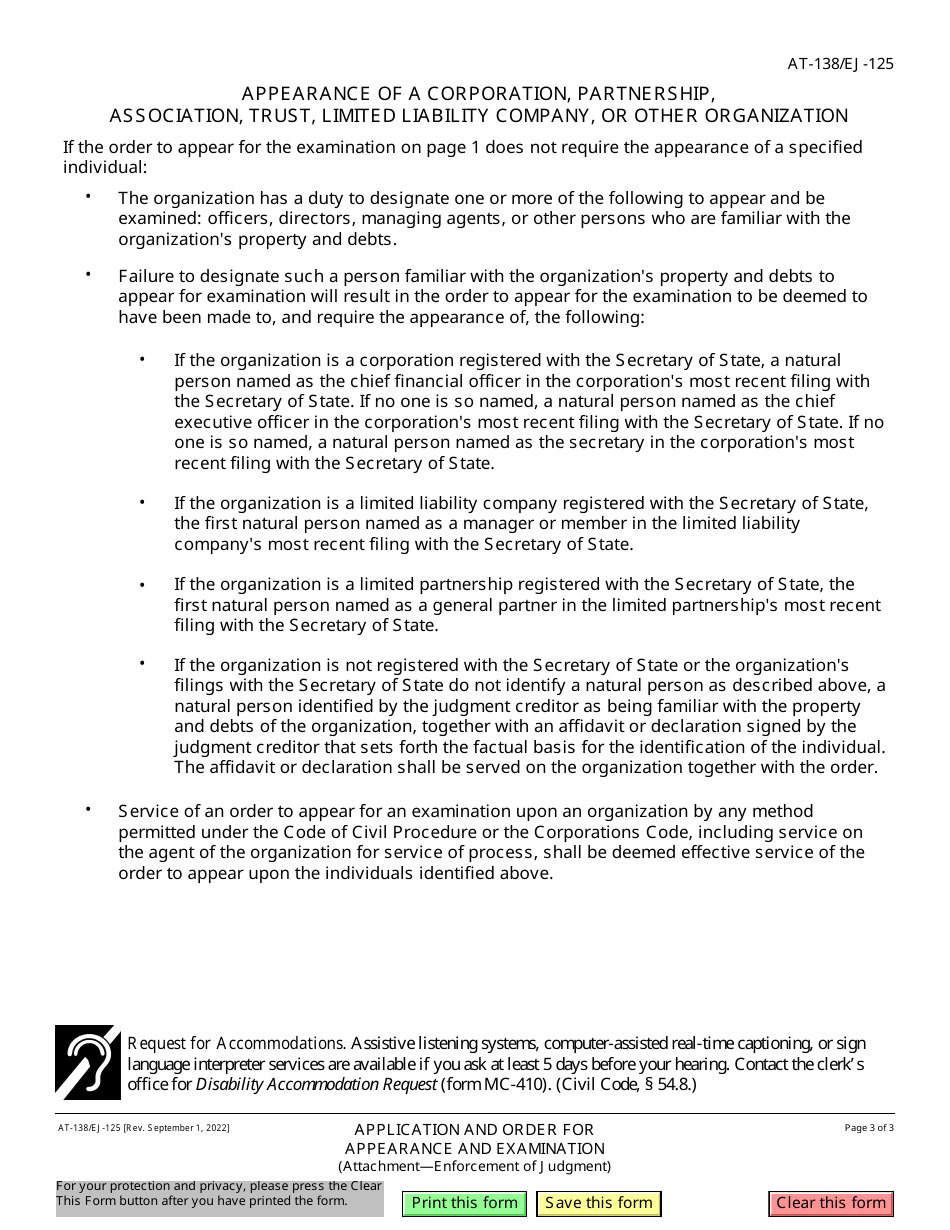 Form AT-138 (EJ-125) Application and Order for Appearance and Examination (Attachment - Enforcement of Judgment) - California, Page 3