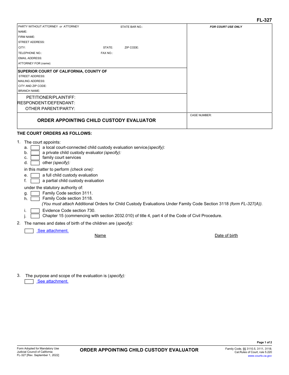 Form FL-327 Order Appointing Child Custody Evaluator - California, Page 1