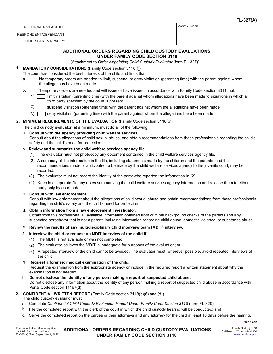 Form FL-327(A) Additional Orders Regarding Child Custody Evaluations Under Family Code Section 3118 - California, Page 1