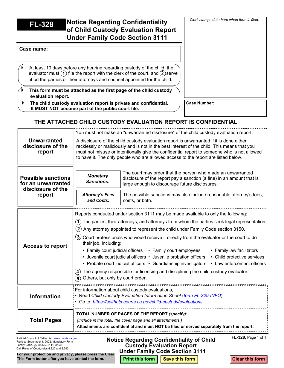 Form FL-328 Notice Regarding Confidentiality of Child Custody Evaluation Report Under Family Code Section 3111 - California, Page 1