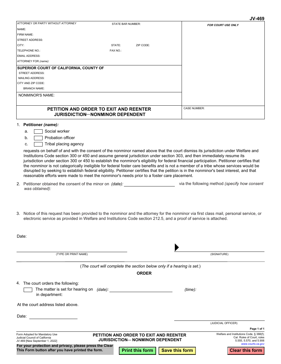 Form JV-469 Petition and Order to Exit and Reenter Jurisdiction - Nonminor Dependent - California, Page 1