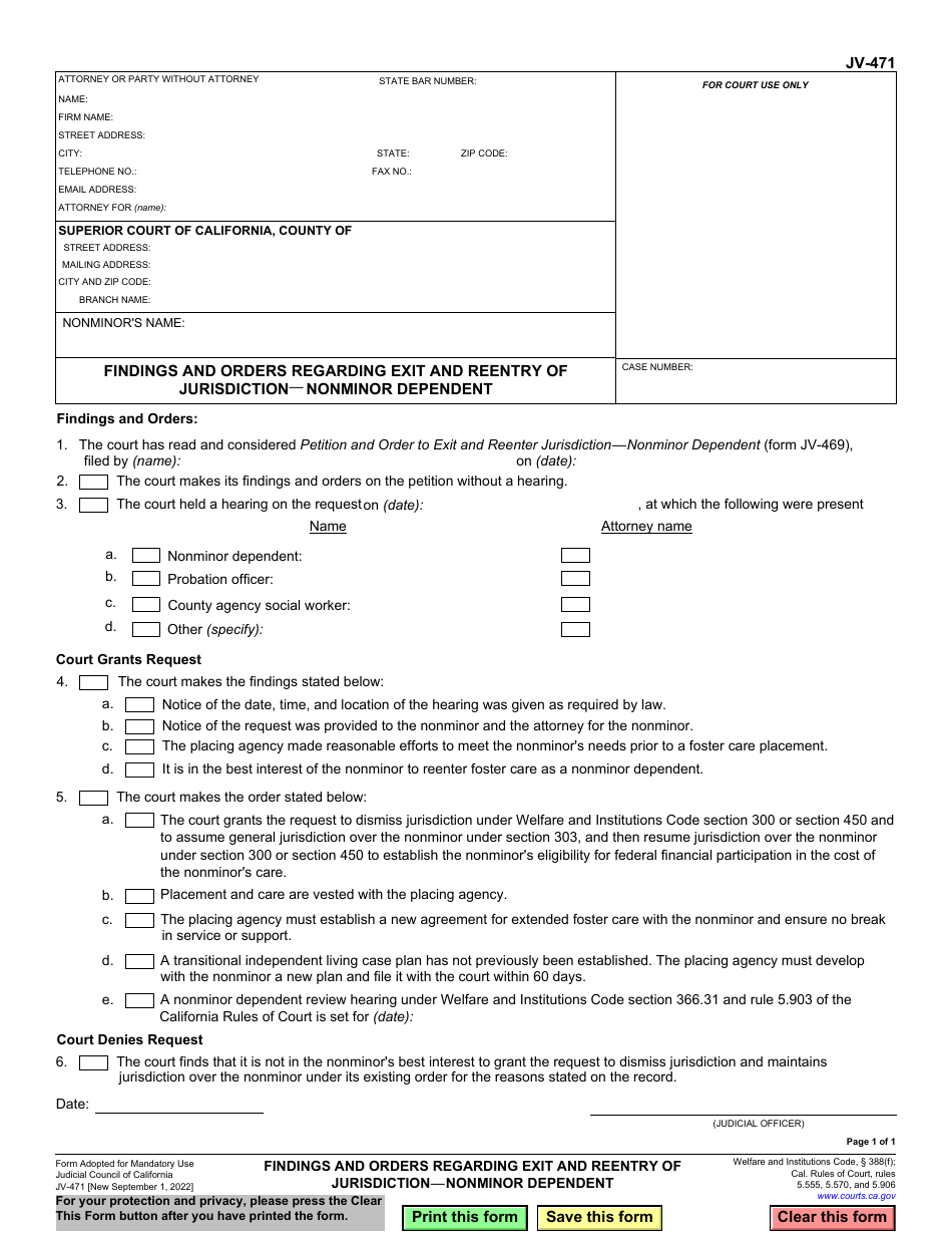 Form JV-471 Findings and Orders Regarding Exit and Reentry of Jurisdiction - Nonminor Dependent - California, Page 1