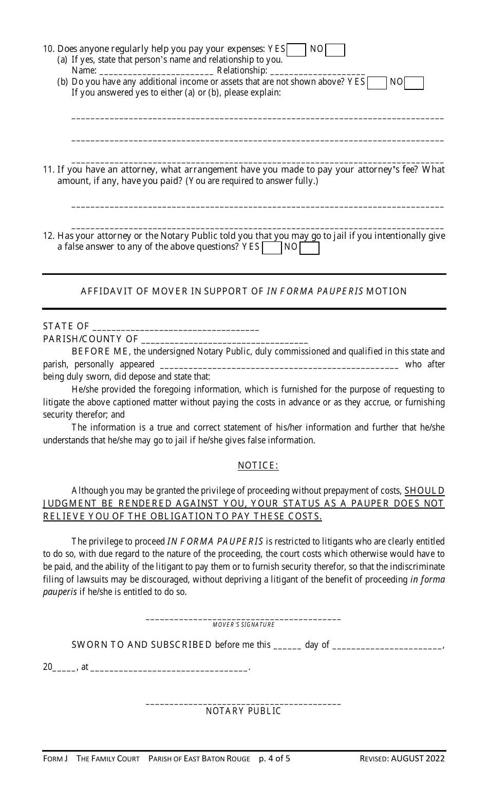 Form J Motion to Proceed in Forma Pauperis - Louisiana, Page 4