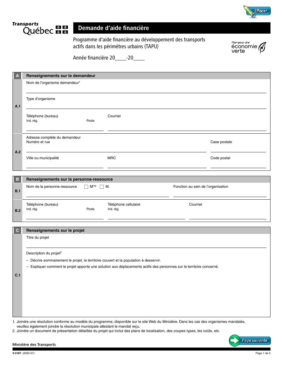 Forme V-3187 Demande Daide Financiere - Programme Daide Financiere Au Developpement DES Transports Actifs Dans Les Perimetres Urbains (Tapu) - Quebec, Canada (French), Page 1