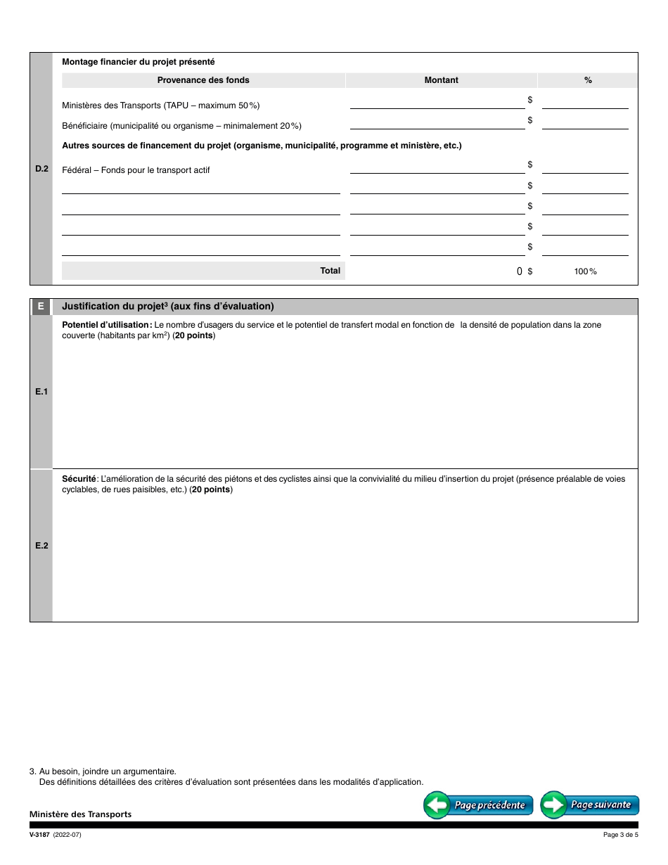 Forme V-3187 Demande Daide Financiere - Programme Daide Financiere Au Developpement DES Transports Actifs Dans Les Perimetres Urbains (Tapu) - Quebec, Canada (French), Page 3