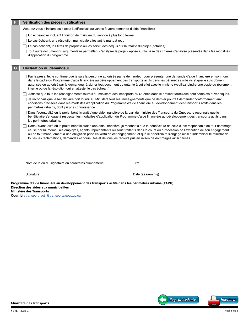 Forme V-3187 Demande Daide Financiere - Programme Daide Financiere Au Developpement DES Transports Actifs Dans Les Perimetres Urbains (Tapu) - Quebec, Canada (French), Page 5