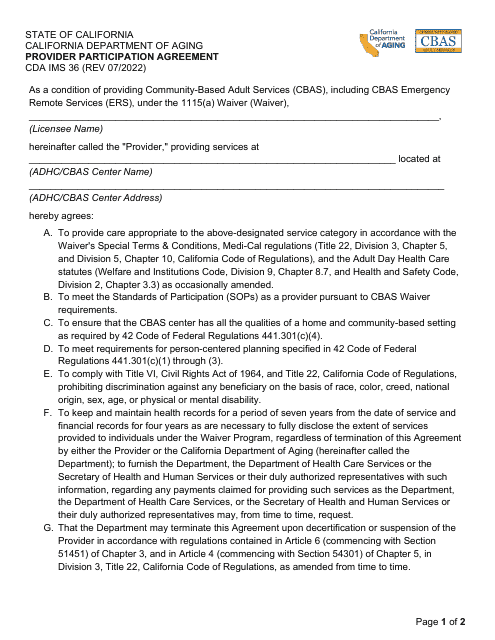 Form CDA IMS36 Provider Participation Agreement - California