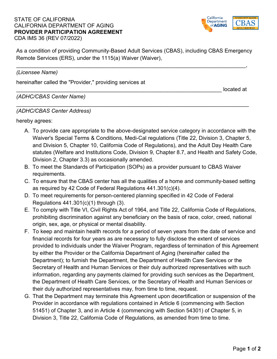 Form CDA IMS36 Provider Participation Agreement - California, Page 1