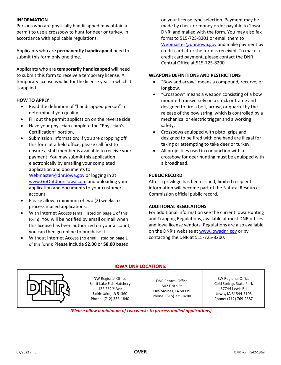DNR Form 542-1369 Application for Authorization to Use Crossbow for Deer and / or Turkey Hunting by Handicapped Persons - Iowa, Page 2