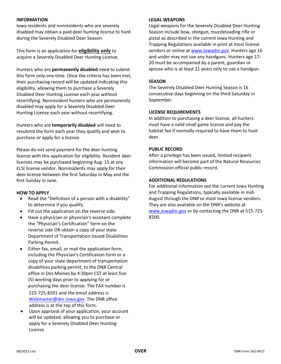 DNR Form 542-0417 Application for Eligibility to Acquire an Iowa Severely Disabled Deer Hunting License - Iowa, Page 2