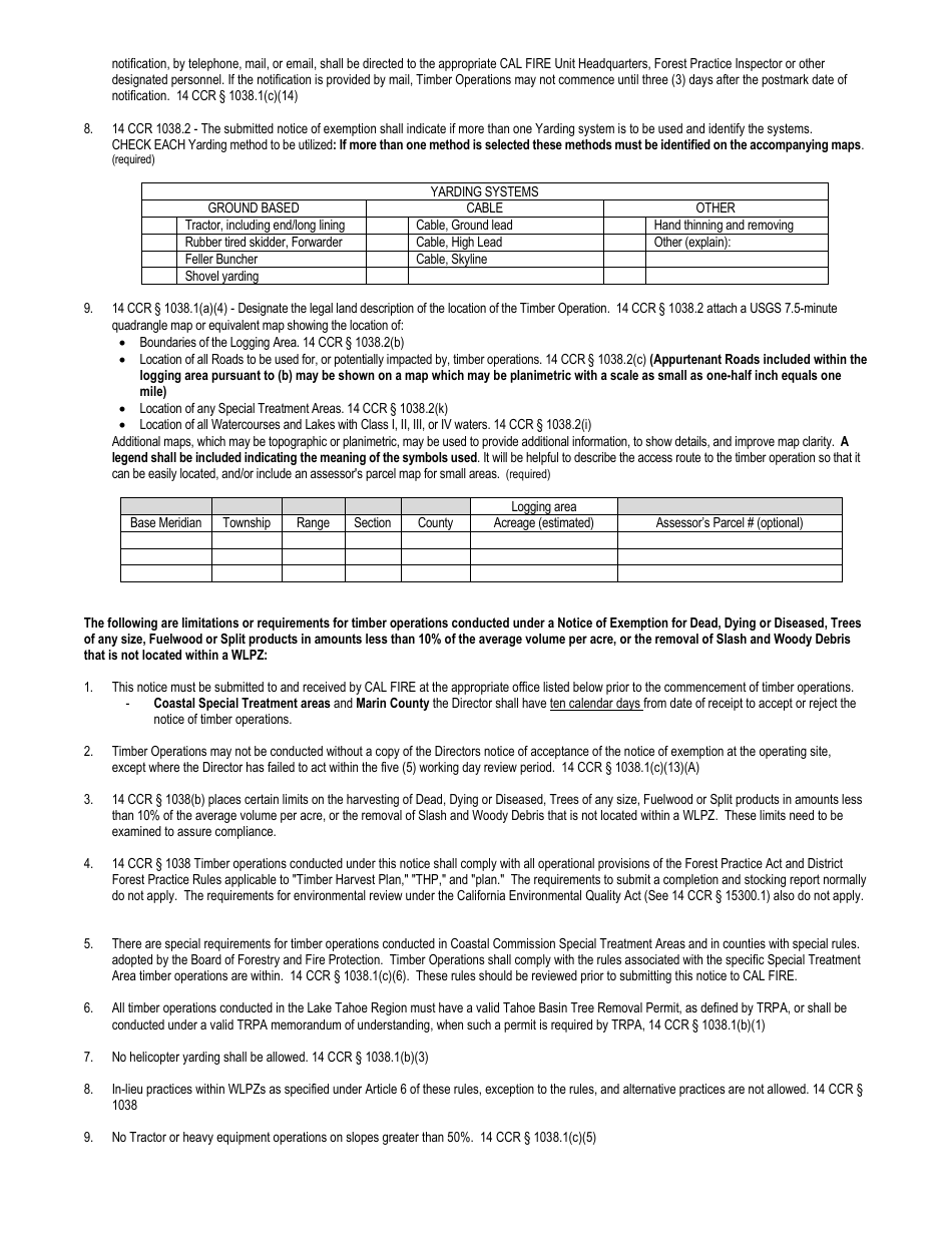 Form RM-73 (1038B) 10% Dead, Dying or Diseased Trees Fuelwood or Split Products or Removal of Slash  Woody Debris Not Located Within a Wlpz Exemption - California, Page 3