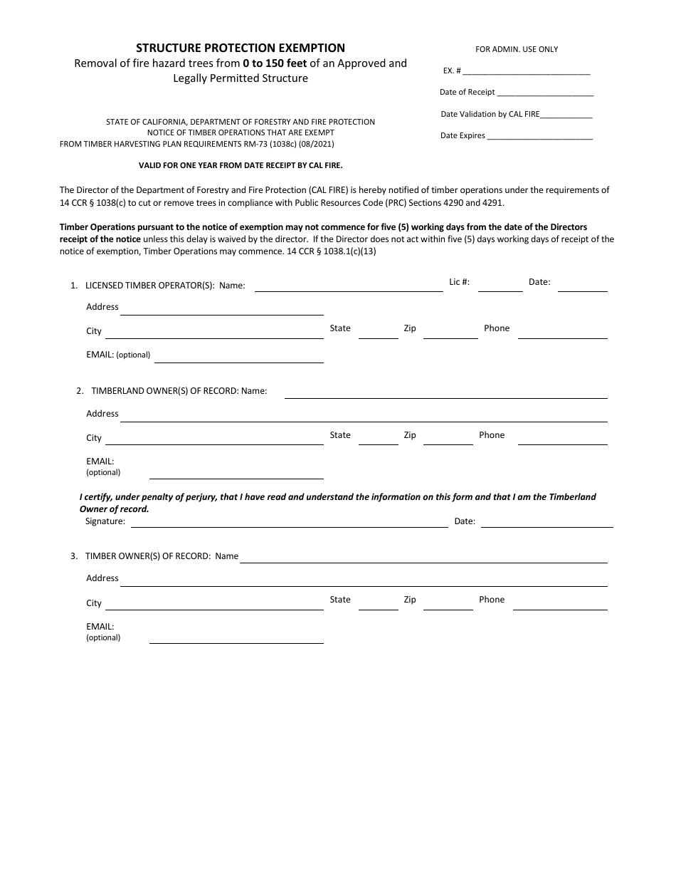Form RM-73 (1038C) Structure Protection Exemption - Removal of Fire Hazard Trees From 0 to 150 Feet of an Approved and Legally Permitted Structure - California, Page 1