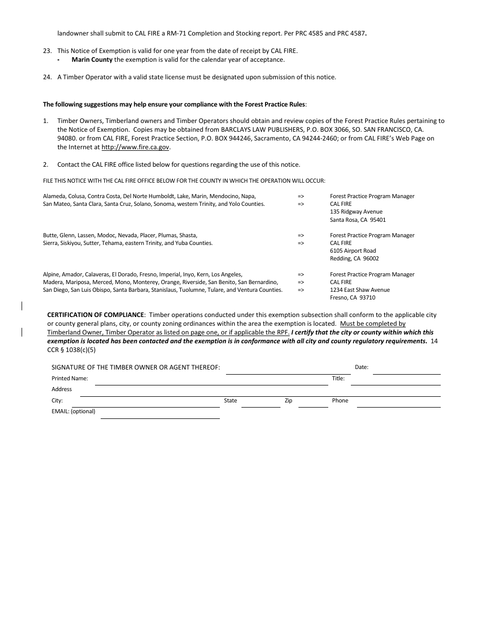 Form RM-73 (1038C) Structure Protection Exemption - Removal of Fire Hazard Trees From 0 to 150 Feet of an Approved and Legally Permitted Structure - California, Page 5