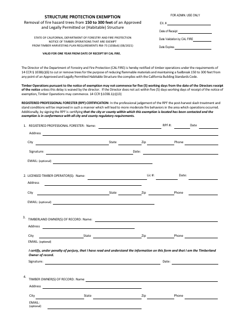 Form RM-73 (1038C6) Structure Protection Exemption - Removal of Fire Hazard Trees From 150 to 300 Feet of an Approved and Legally Permitted or (Habitable) Structure - California