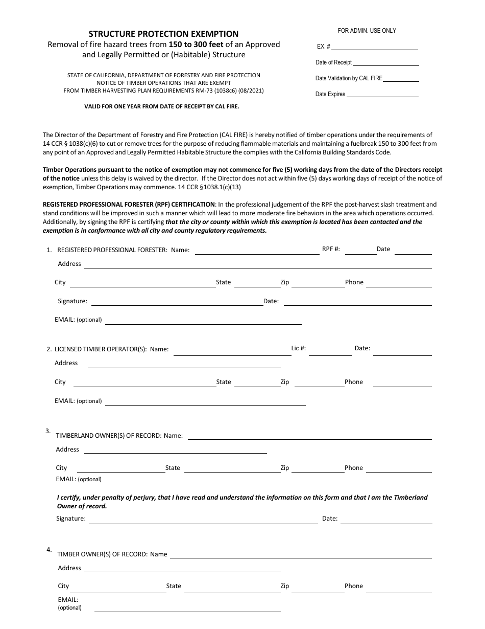 Form RM-73 (1038C6) Structure Protection Exemption - Removal of Fire Hazard Trees From 150 to 300 Feet of an Approved and Legally Permitted or (Habitable) Structure - California, Page 1