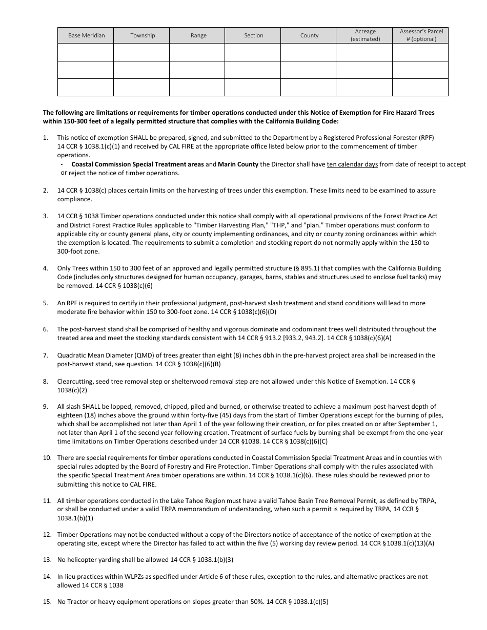Form RM-73 (1038C6) Structure Protection Exemption - Removal of Fire Hazard Trees From 150 to 300 Feet of an Approved and Legally Permitted or (Habitable) Structure - California, Page 4