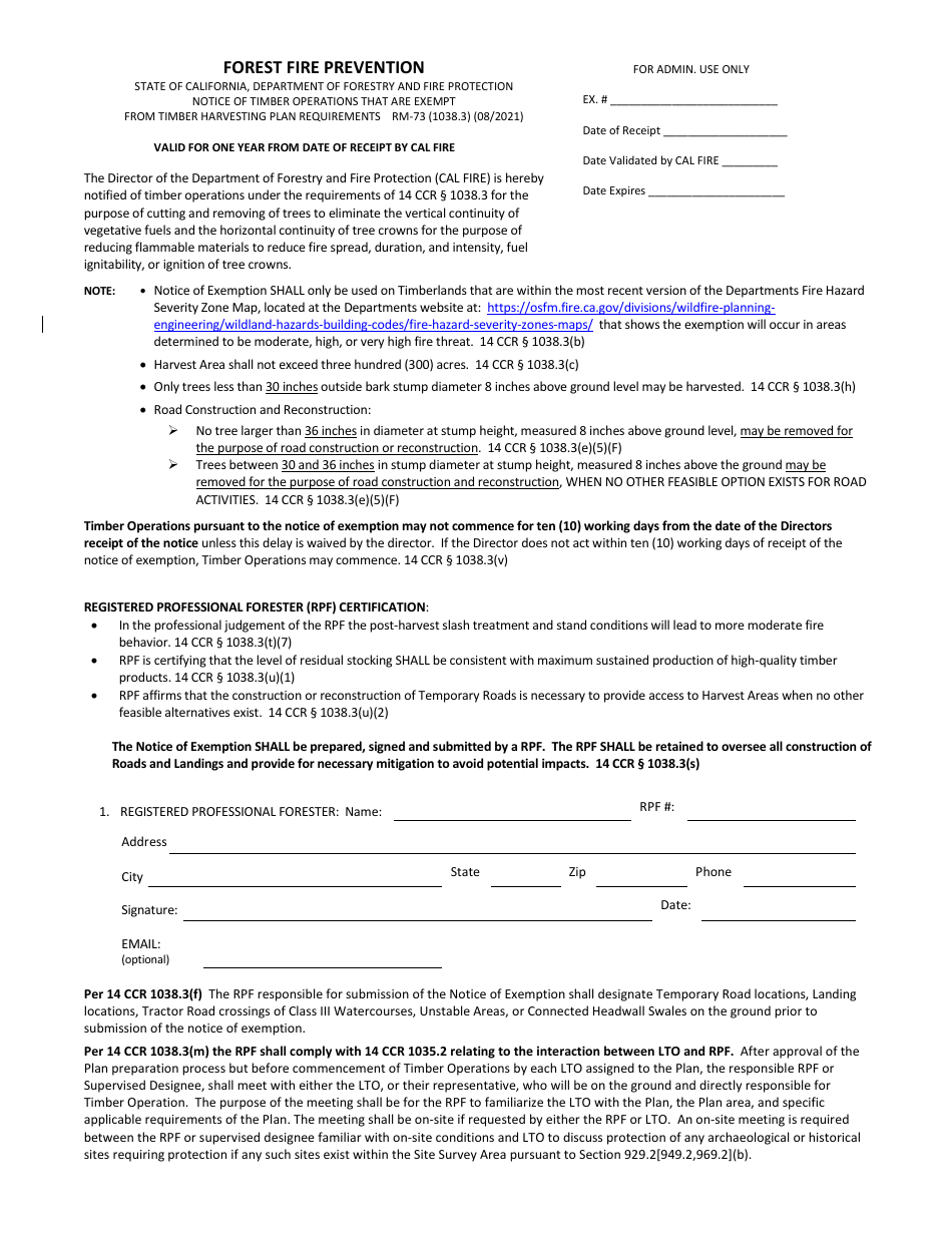 Form RM-73 (1038.3) Forest Fire Prevention Exemption - California, Page 1