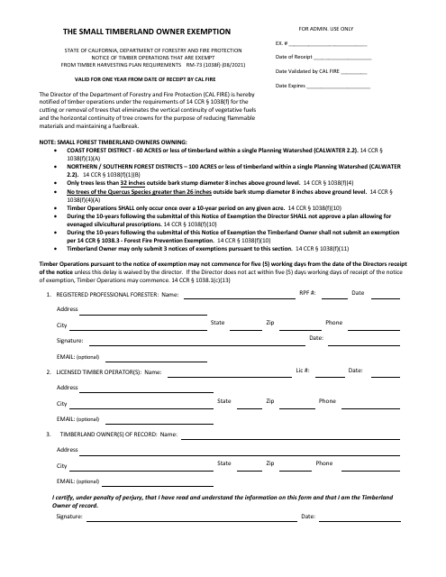 Form RM-73 (1038F) The Small Timberland Owner Exemption - California