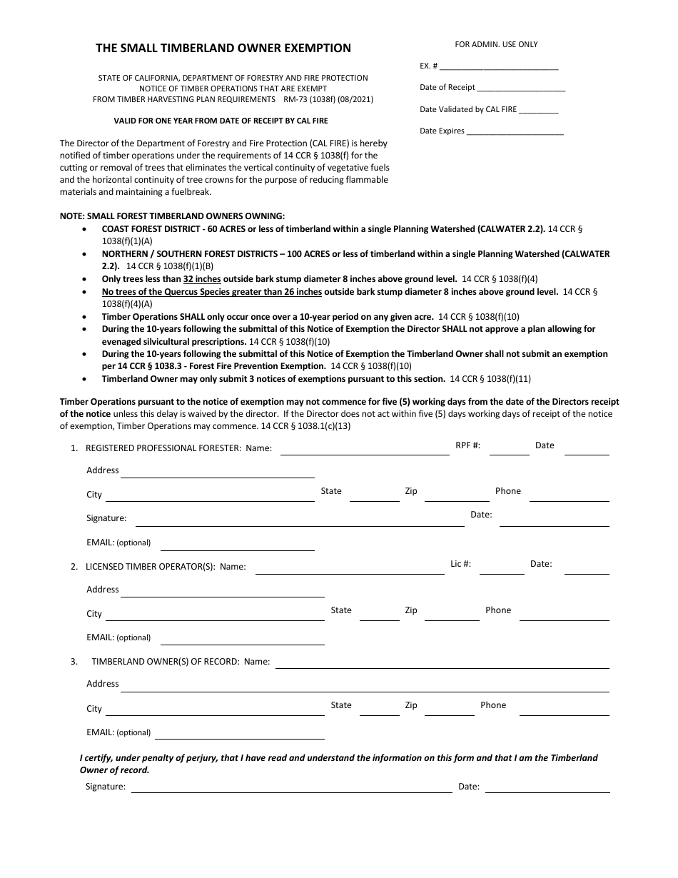 Form RM-73 (1038F) The Small Timberland Owner Exemption - California, Page 1