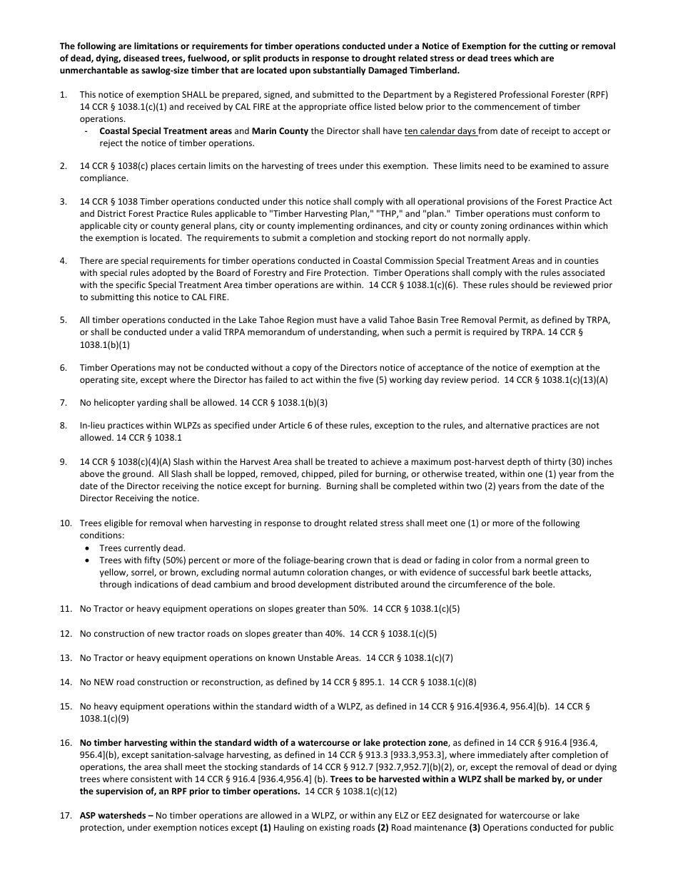 Form RM-73 (1038D) Harvesting Dead, Dying or Diseased Trees, Fuelwood, or Split Products in Response to Drought Related Stress or Dead Trees Which Are Unmerchantable as Sawlog-Size Timber Located Upon Substantially Damaged Timberland Exemption - California, Page 4