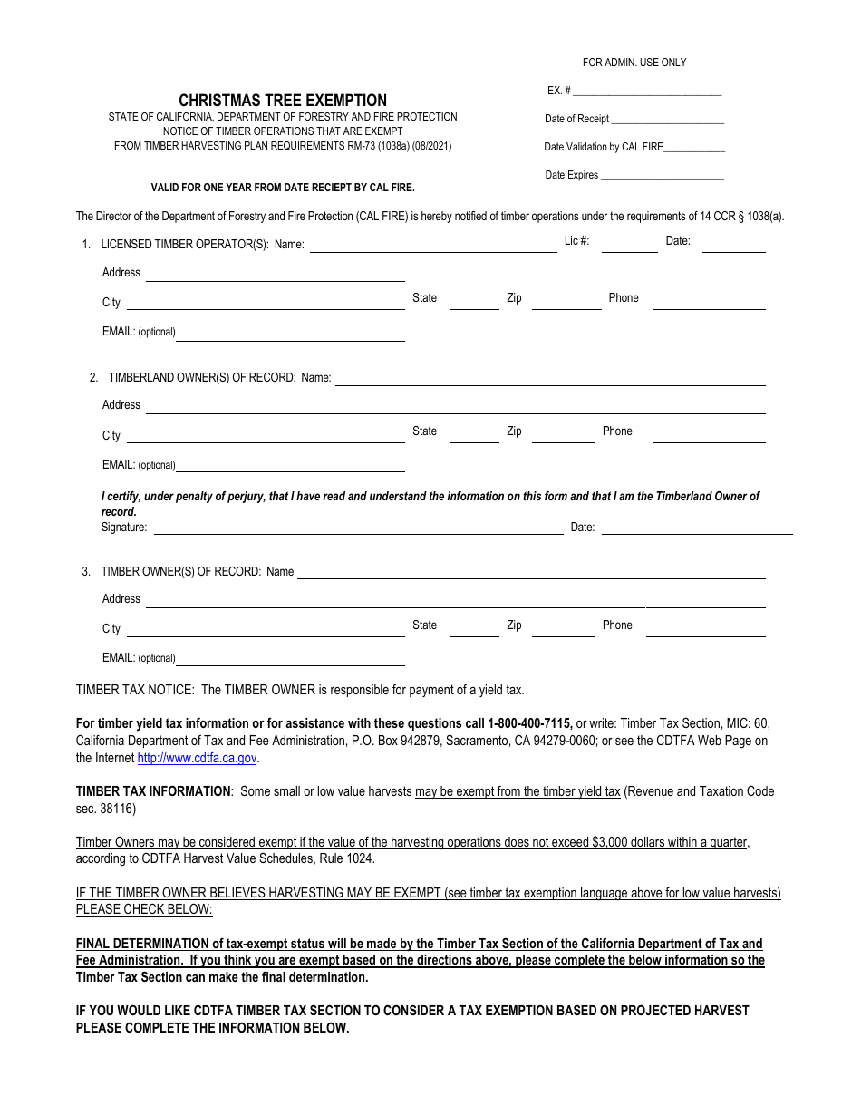 Form RM-73 (1038A) Christmas Tree Exemption - California, Page 1