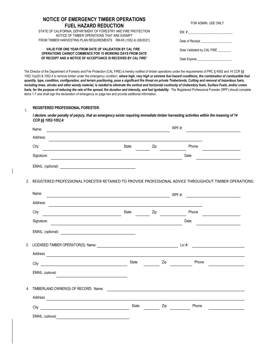 Form RM-65 Notice of Emergency Timber Operations Fuel Hazard Reduction - California, Page 1