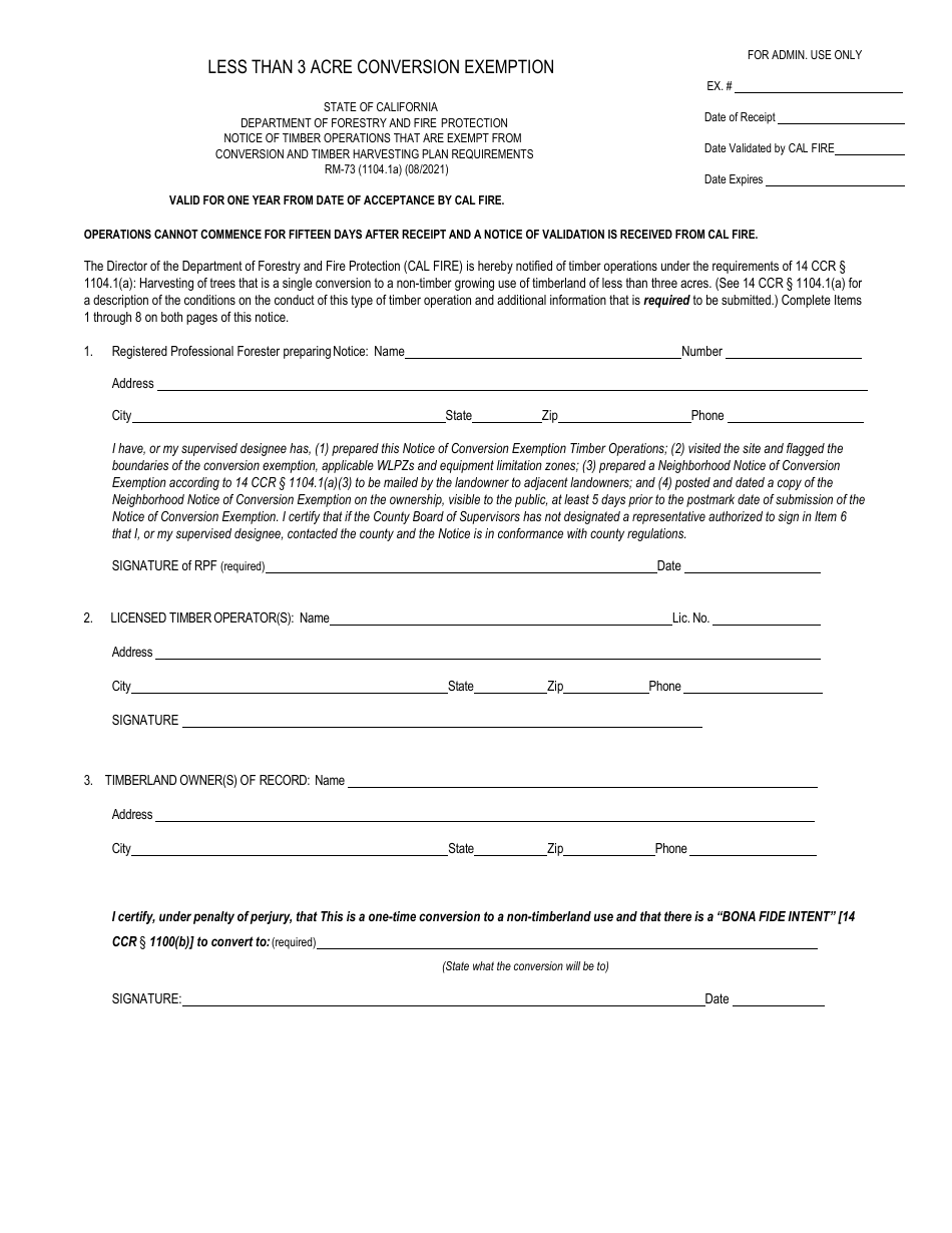 Form RM-73 Less Than 3 Acre Conversion Exemption - California, Page 1